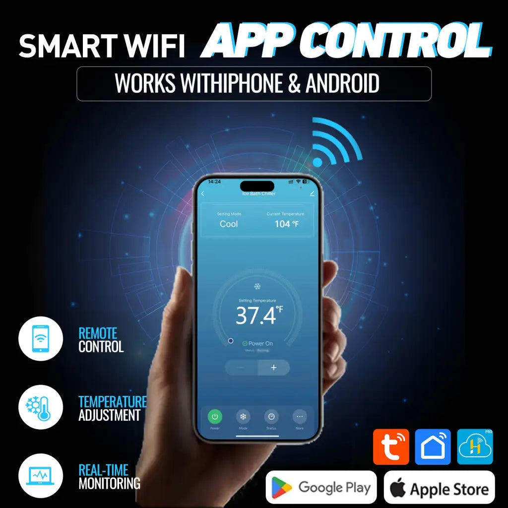 Smartphone showing smart home app controlling temperature on Complete Cold Ice Bath Tub with anti-slip steps