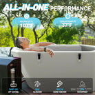Deep Design inflatable slanted-edge plunge tub with smart app control for relaxing baths