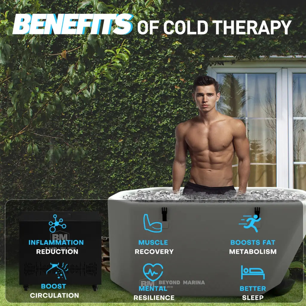 Deep design inflatable slanted-edge plunge tub with chiller for full-body immersion