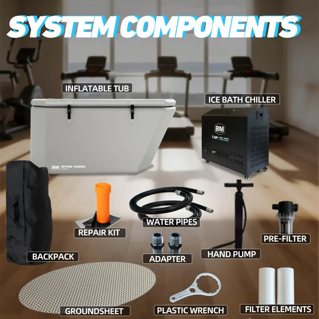 White deep design inflatable slanted-edge plunge tub with chiller