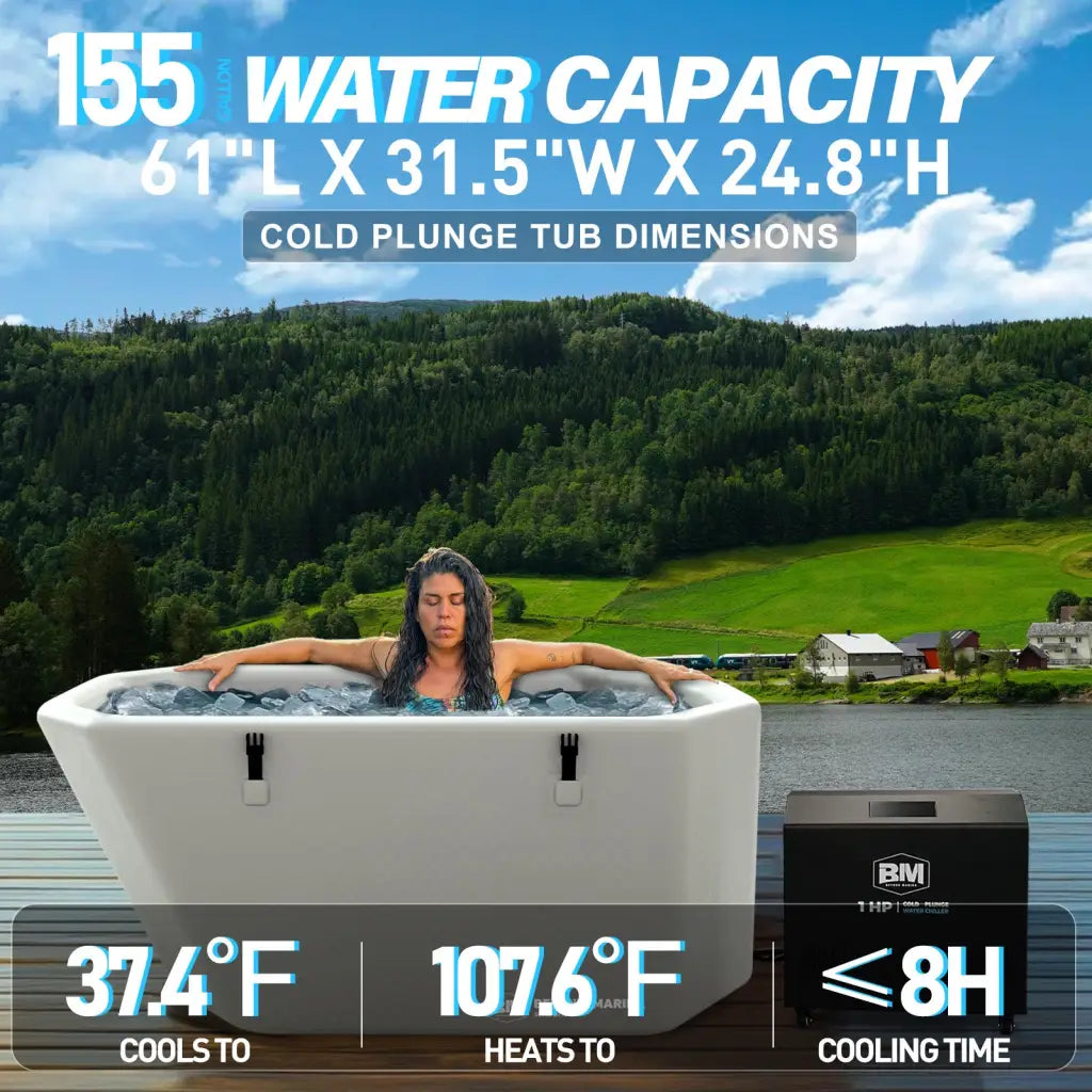 Deep design inflatable slanted-edge plunge tub for full-body immersion