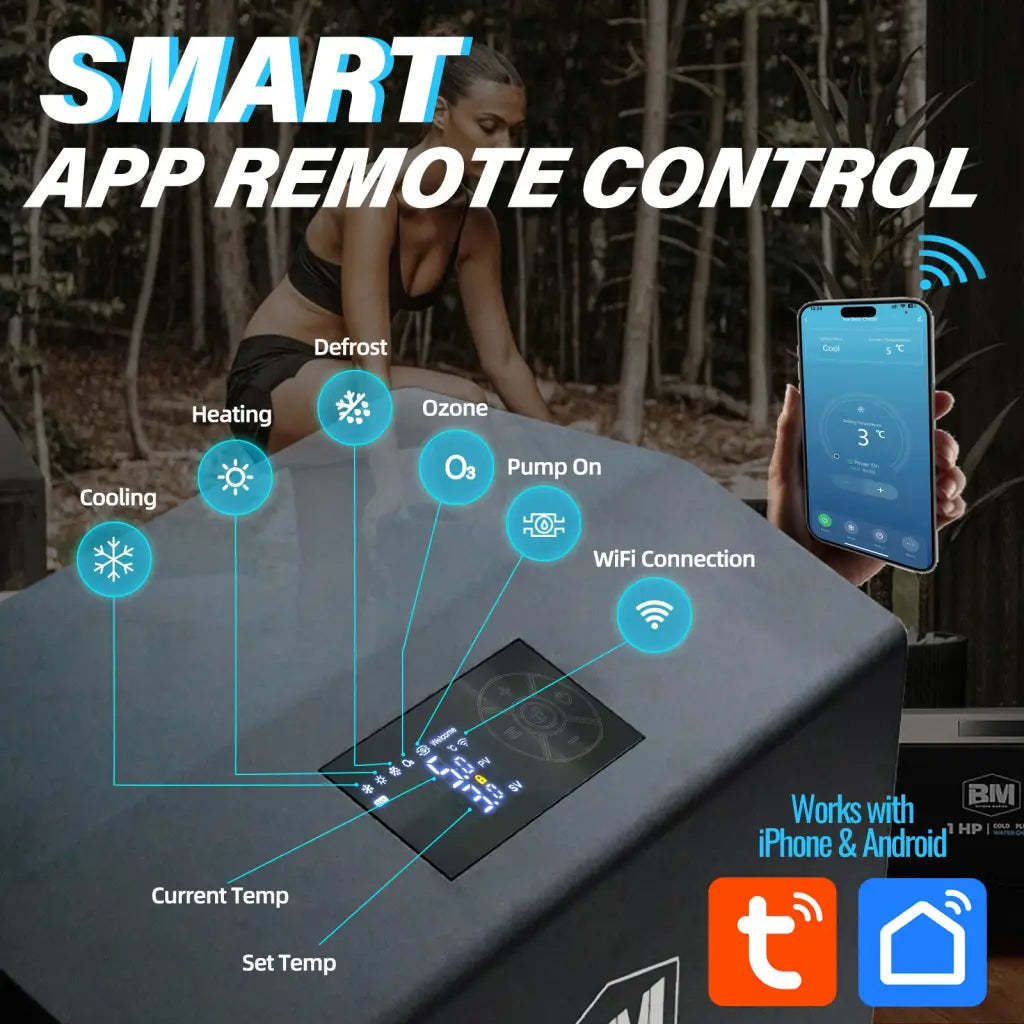 Deep round design ice bath tub with gray smart thermostat