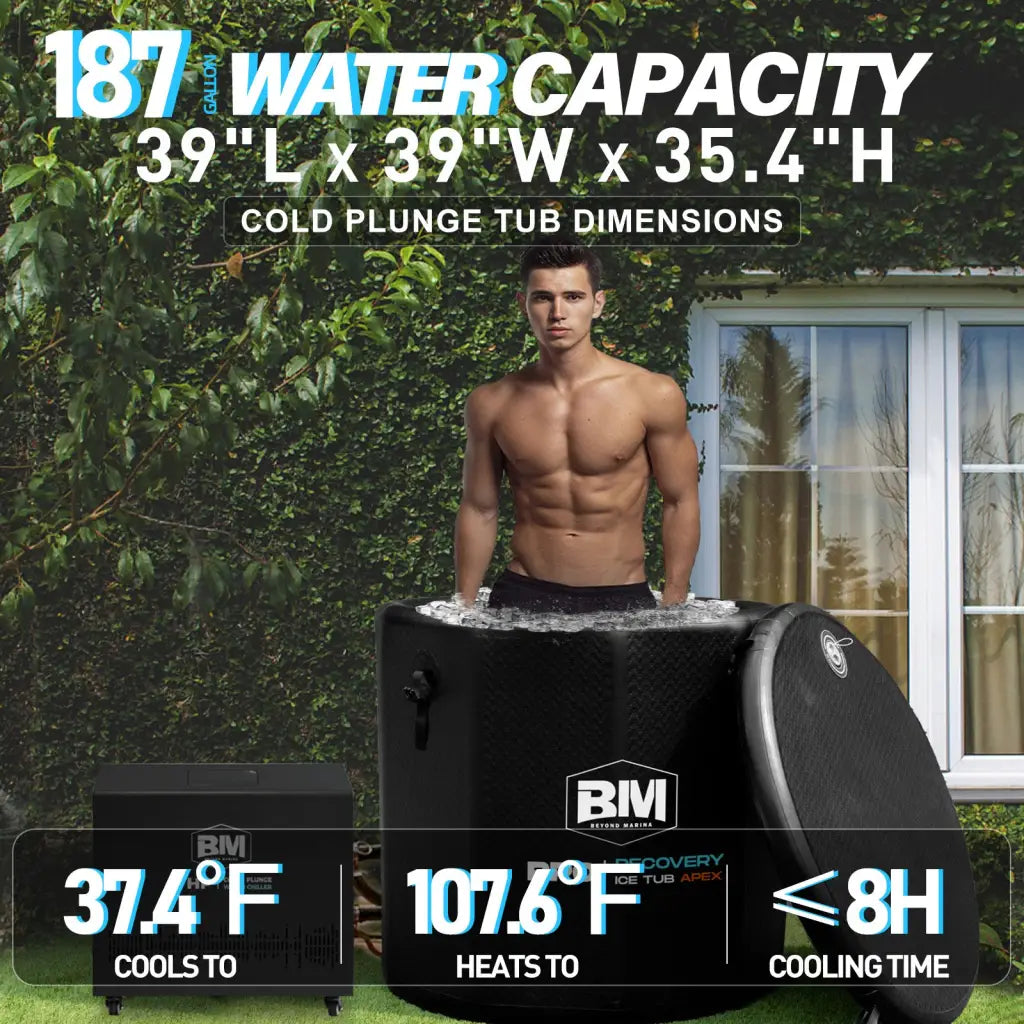 Black inflatable deep round design ice bath tub, 187 gal, 39x39x35.4 in