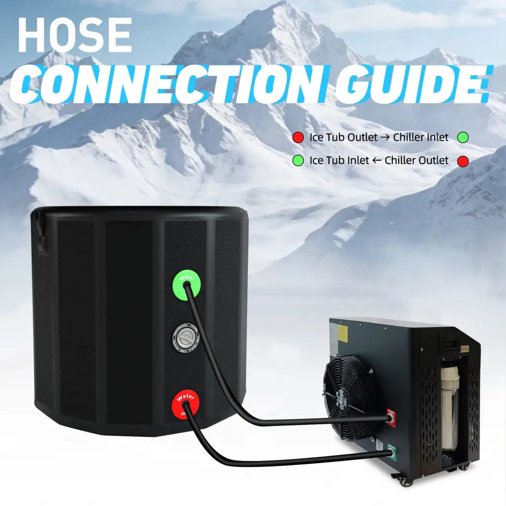 Deep round design ice bath tub with black chiller and labeled ports