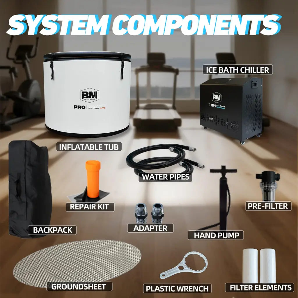 Portable ice bath system with chiller and accessories in Deep Round Ice Bath Tub for full-body recovery