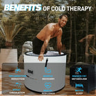 Portable deep round ice bath tub with man inside for full-body immersion and recovery