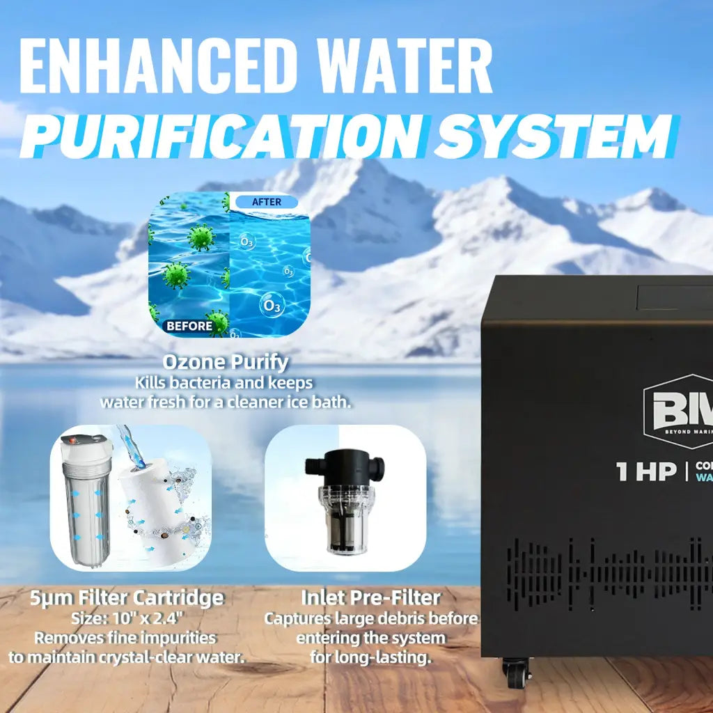 Black 1 HP water purification system with wheeled base and Bim logo for deep round inflatable ice bath tub