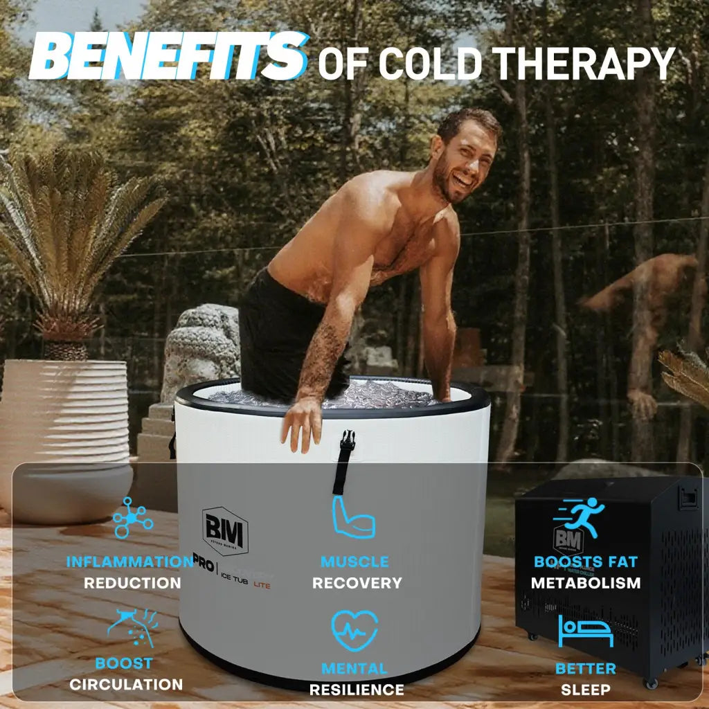 White cylindrical ice tub with black trim for deep round ice bath immersion