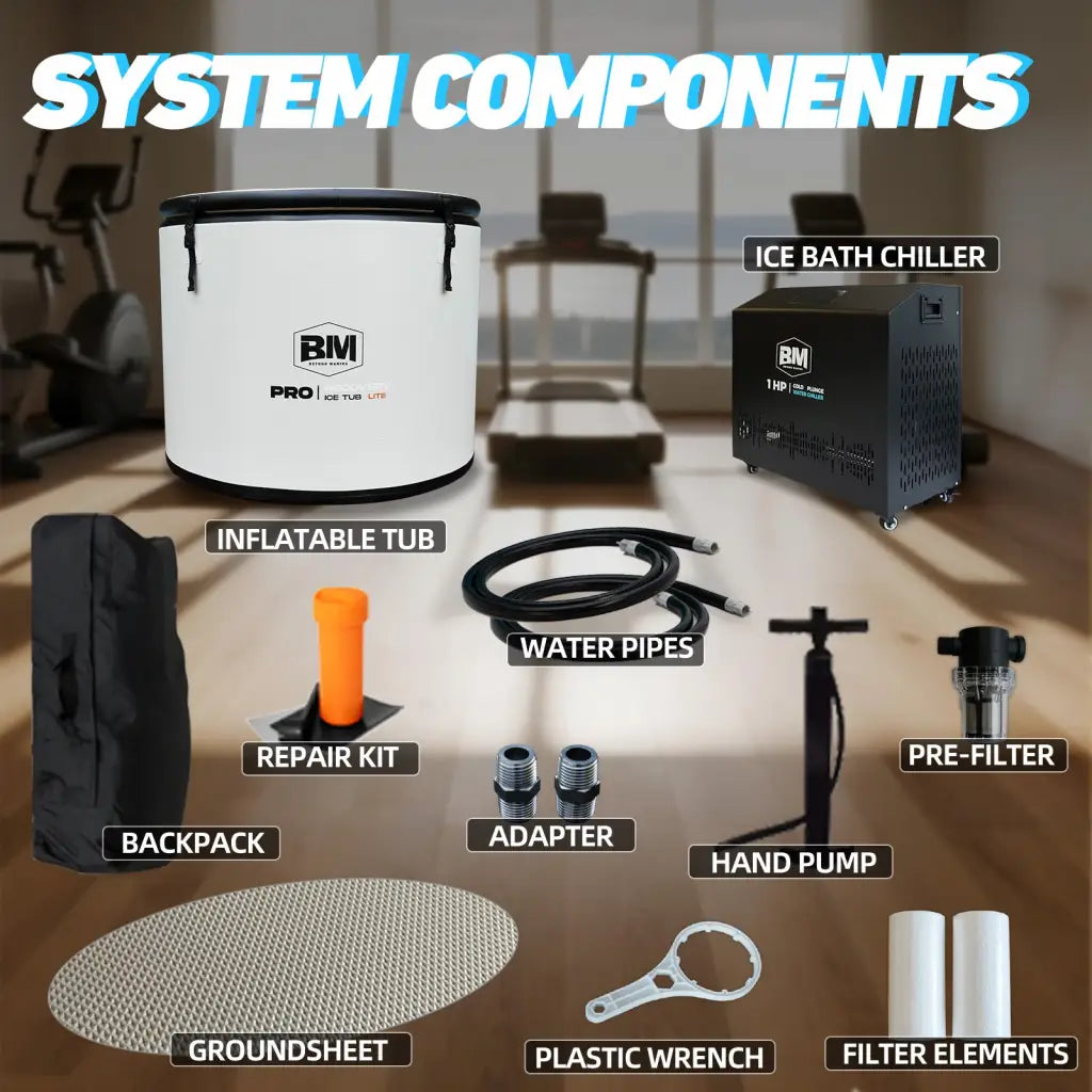 White inflatable ice bath tub with black rim, BMI Pro logo, deep round design for full-body immersion