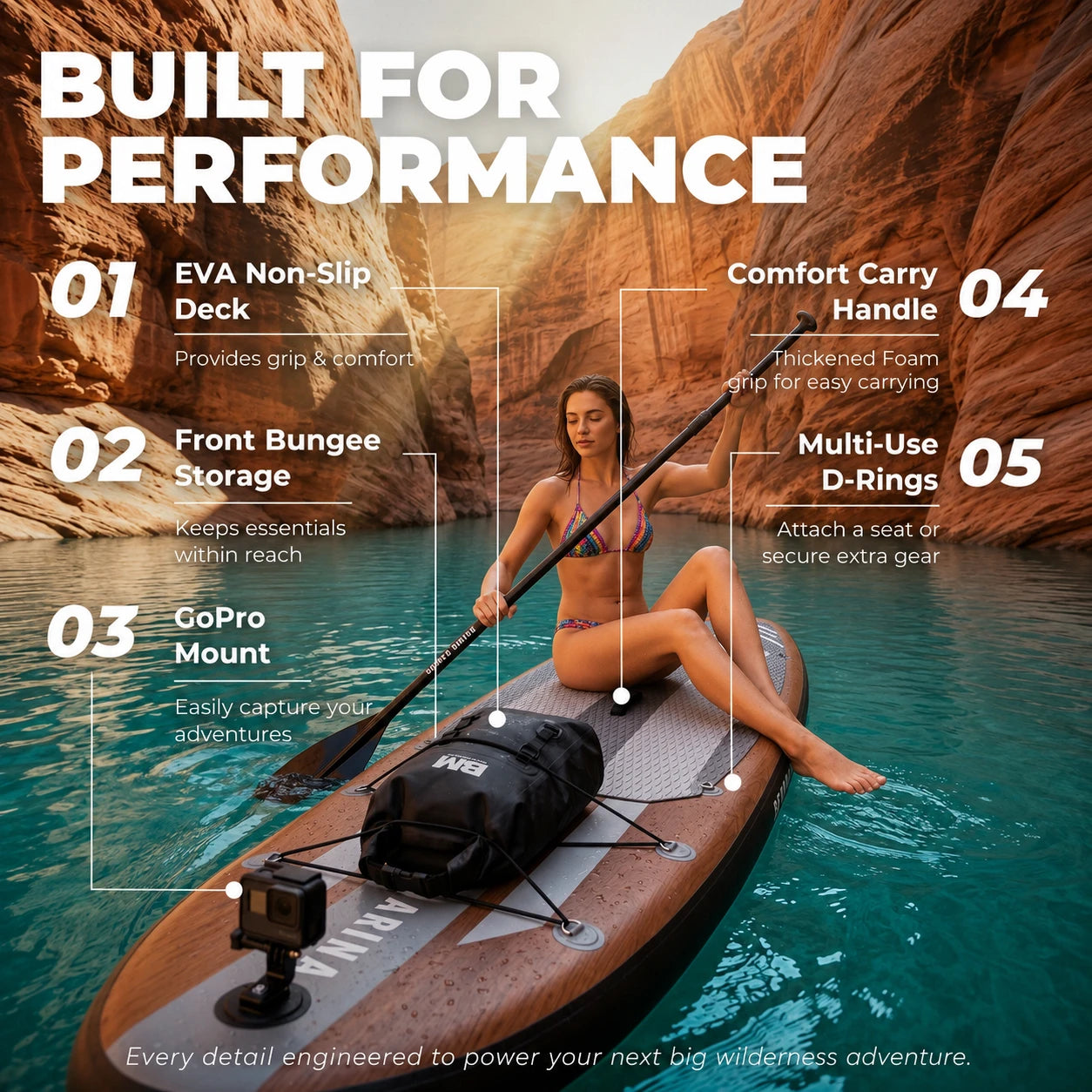 Woman on a paddleboard with features highlighted against a natural rock formation background