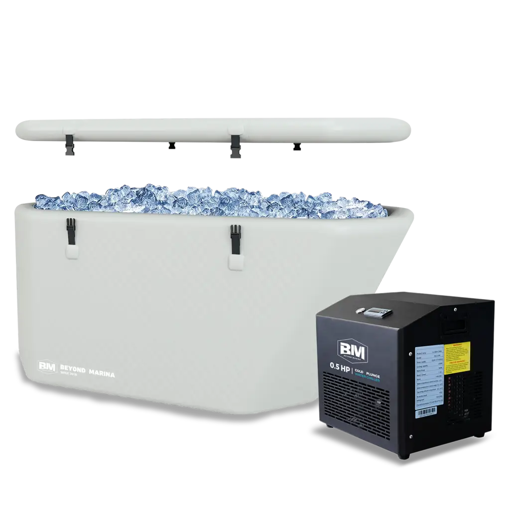 White inflatable ice bath tub with ice machine and blue cubes