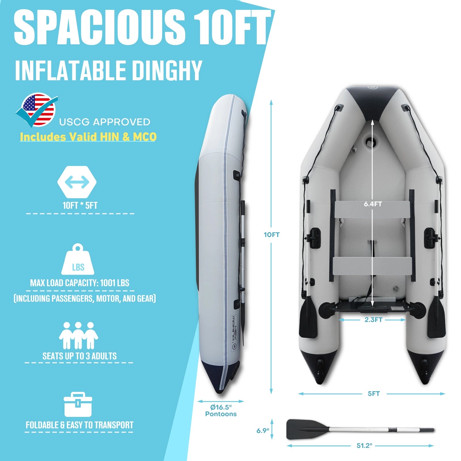 Inflatable dinghy with dimensions and features on a blue and white background