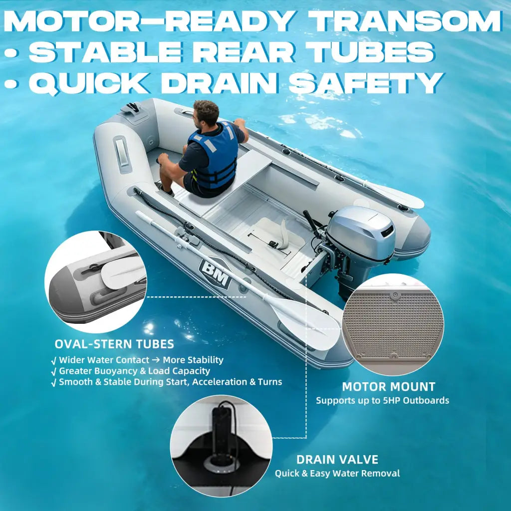 Silver Titan inflatable dinghy boat with BM logo and sturdy motor mount