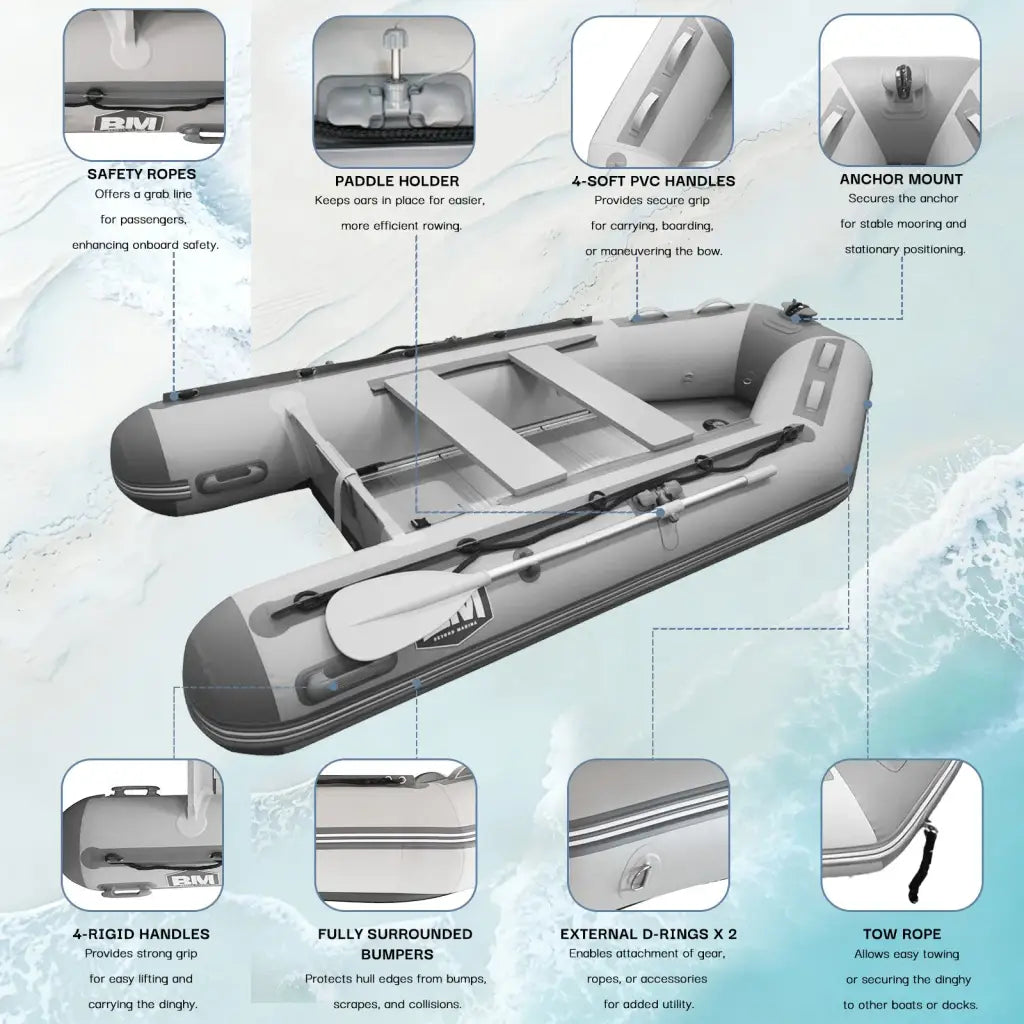 Gray inflatable dinghy boat with black accents and Titan BM logo