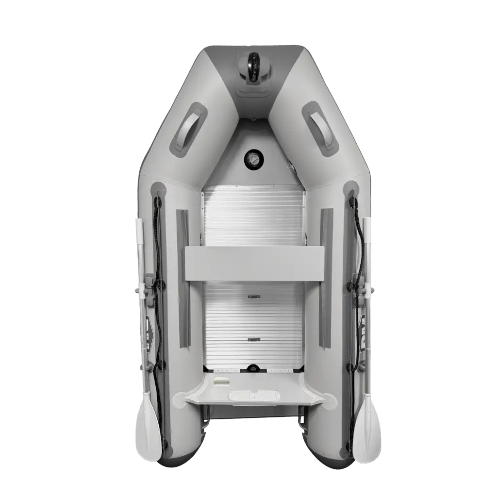 Gray Titan inflatable dinghy boat for fishing, compact with seating and storage