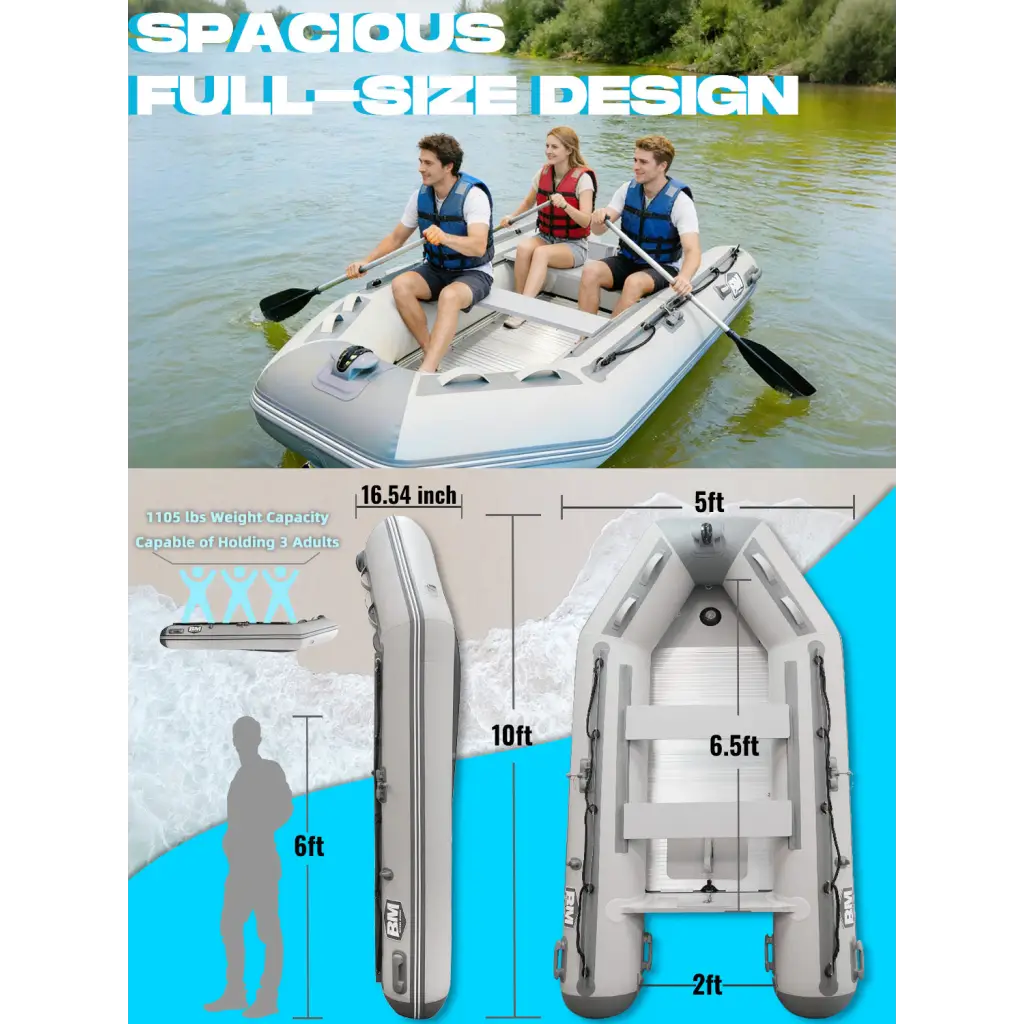 Gray Titan inflatable dinghy boat with blue trim and oars