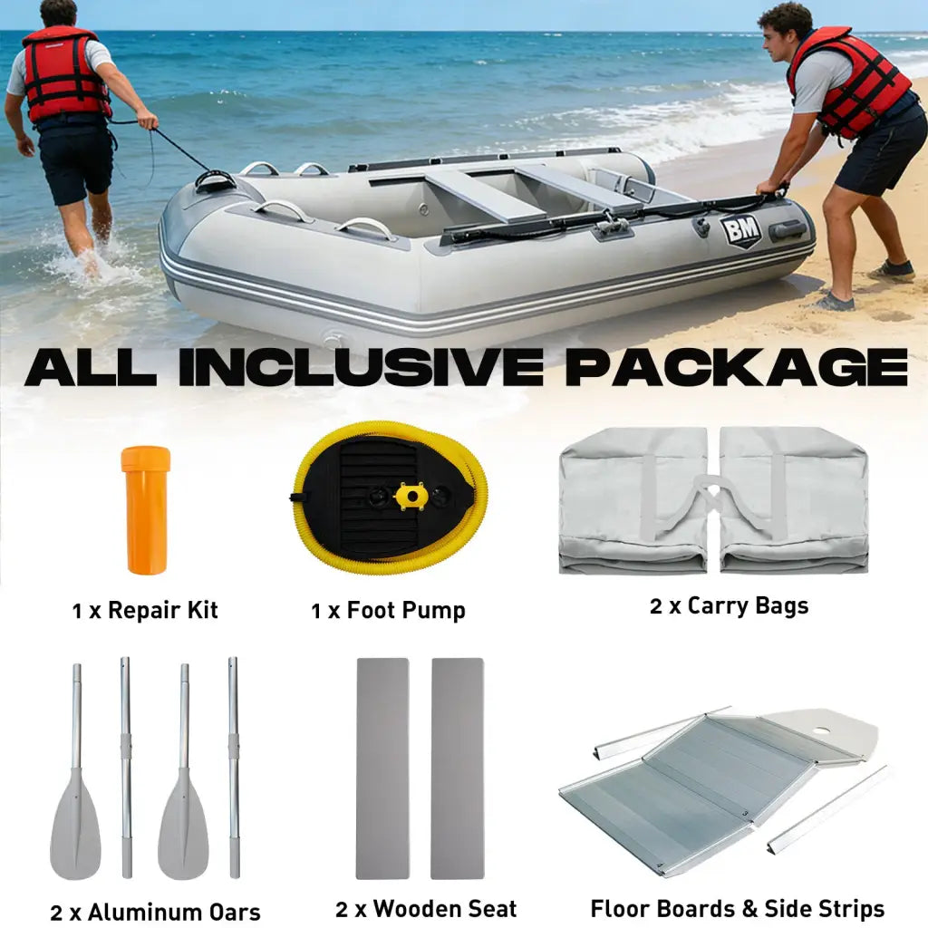 Silver Titan inflatable dinghy boat with black trim and BM logo