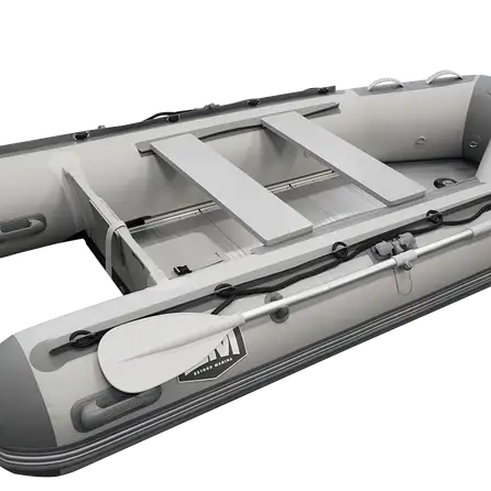 Inflatable gray dinghy boat with oars, ideal for fishing and relaxing at the marina