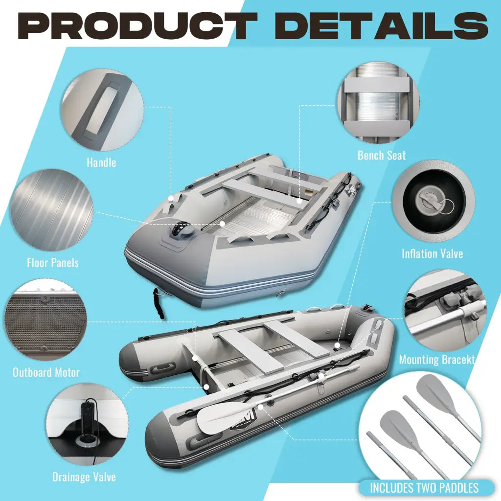 Inflatable Dinghy Boat Titan with labeled features for fishing and relaxation at marina