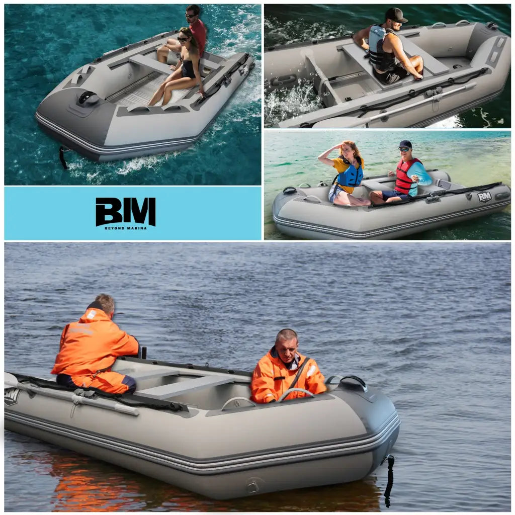 Inflatable Dinghy Boat for Fishing and Relaxation - Titan at the marina inflatable display
