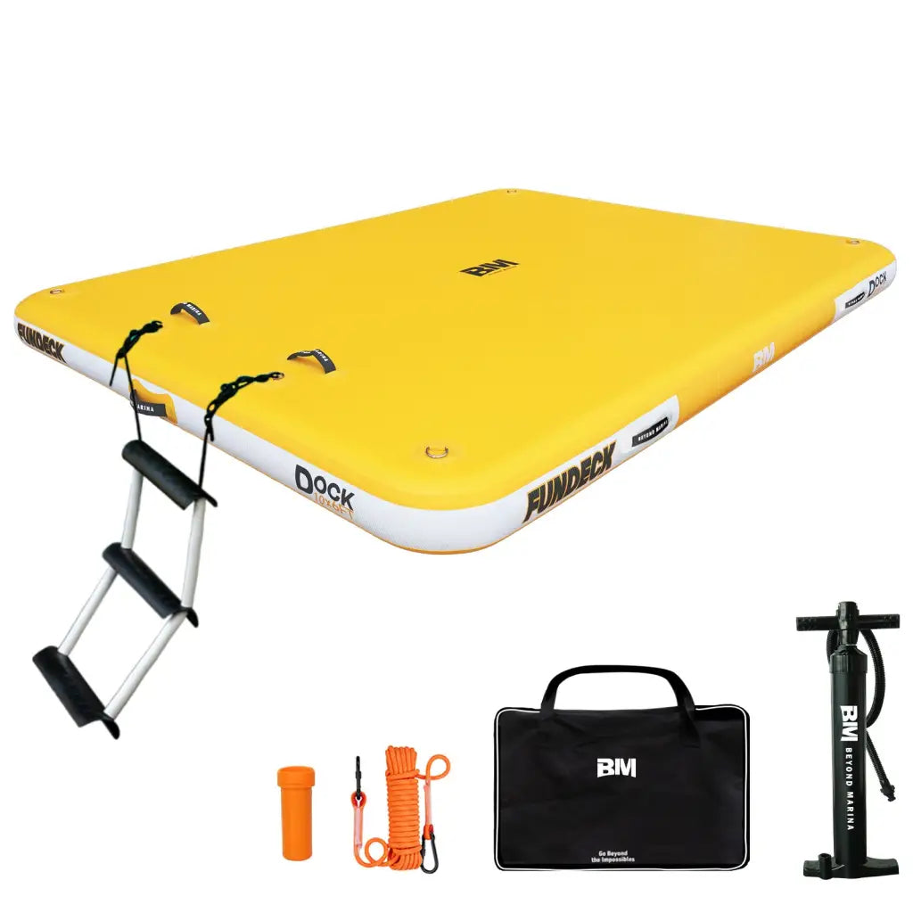 Funduck bright yellow inflatable dock with easy setup, white trim, black handles