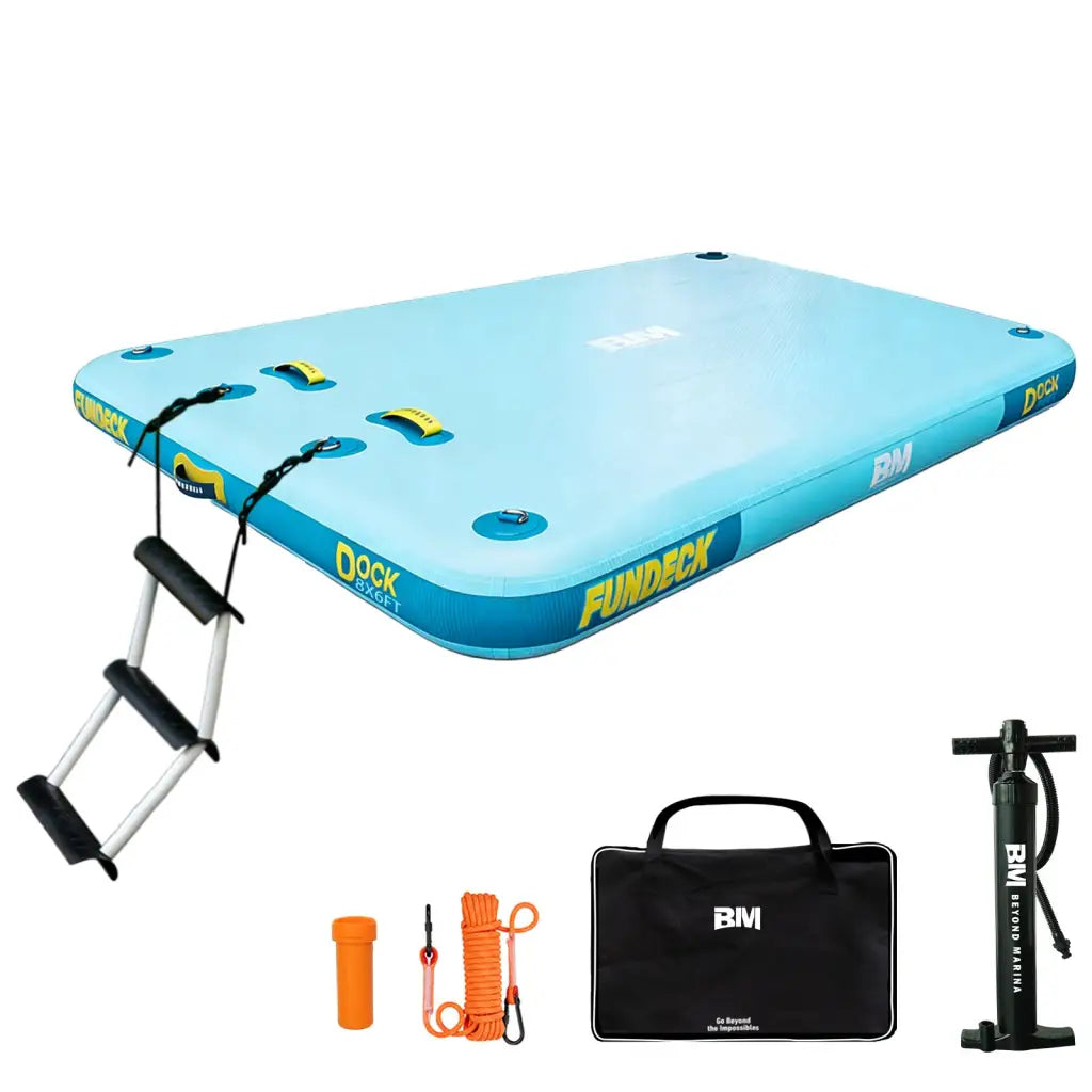 Light blue inflatable dock with Fundeck logo, ladder, easy setup
