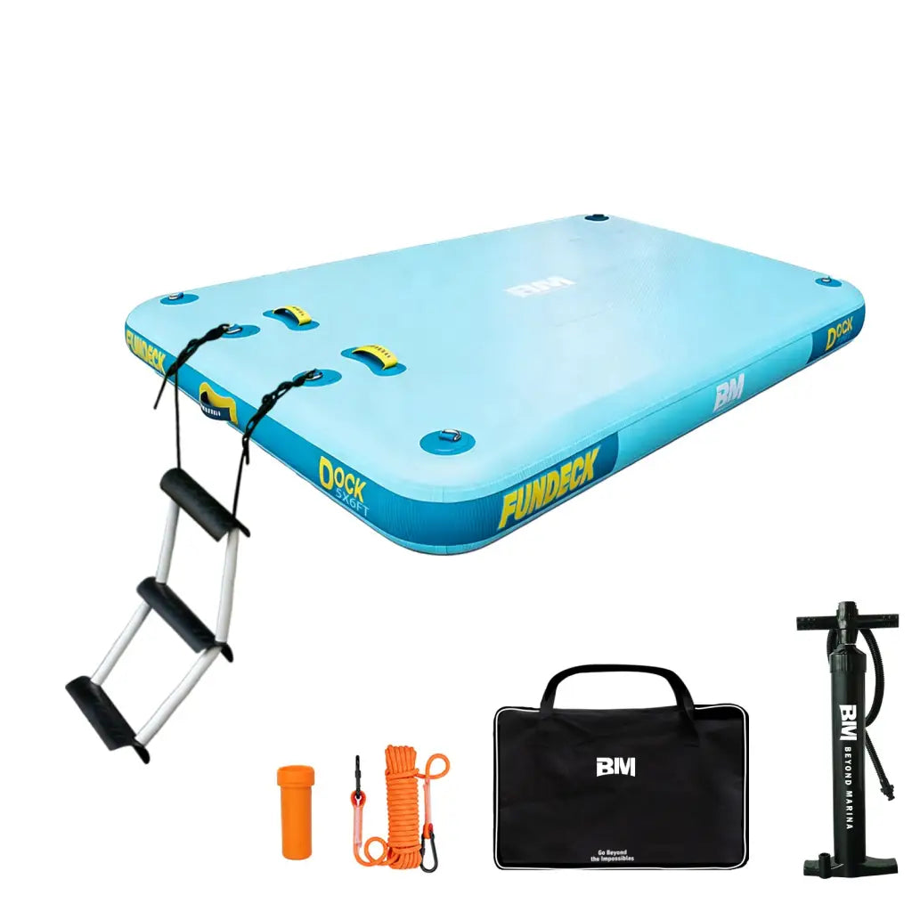 Light blue inflatable dock with easy setup, yellow branding, black ladder
