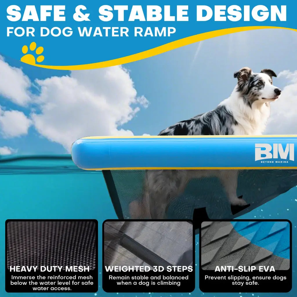 Inflatable Dog Pool Ramp with Pup Planks and safety features for safe water access