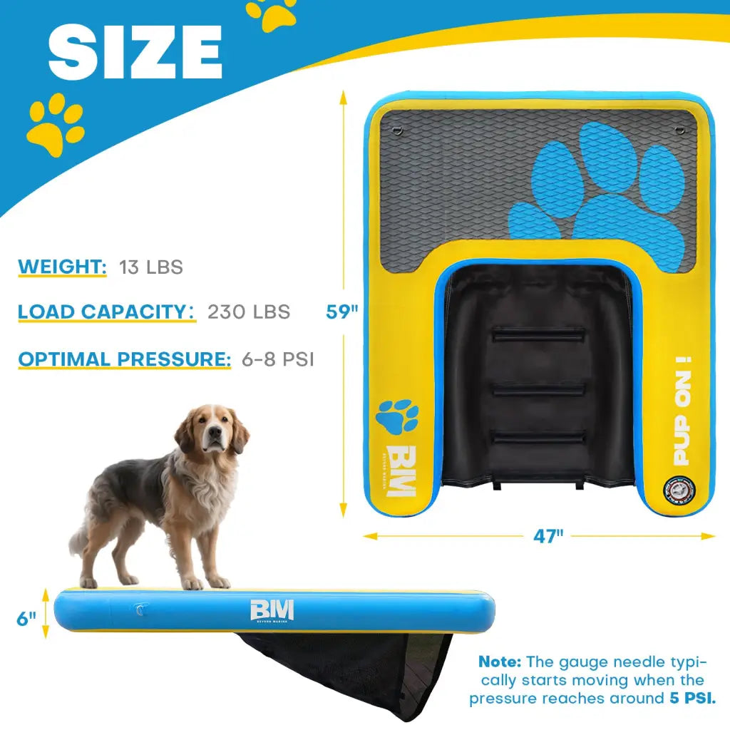 Inflatable dog pool ramp with pup planks and specifications for safe water access