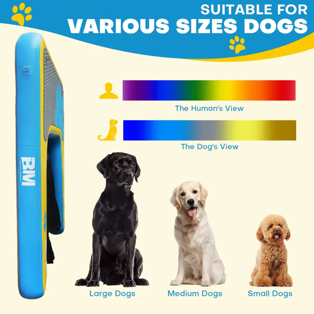 Inflatable dog pool ramp with pup planks and size guide for safe water access