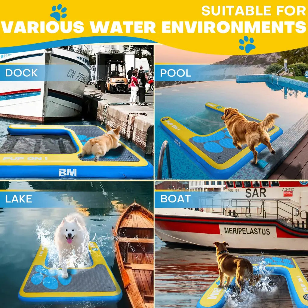 Floating dog platform with pup planks for safe dog pool ramp and inflatable ice tub access