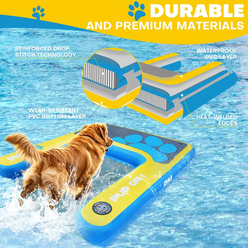 Blue and yellow dog pool float with pup planks for safe water access in inflatable ice tub
