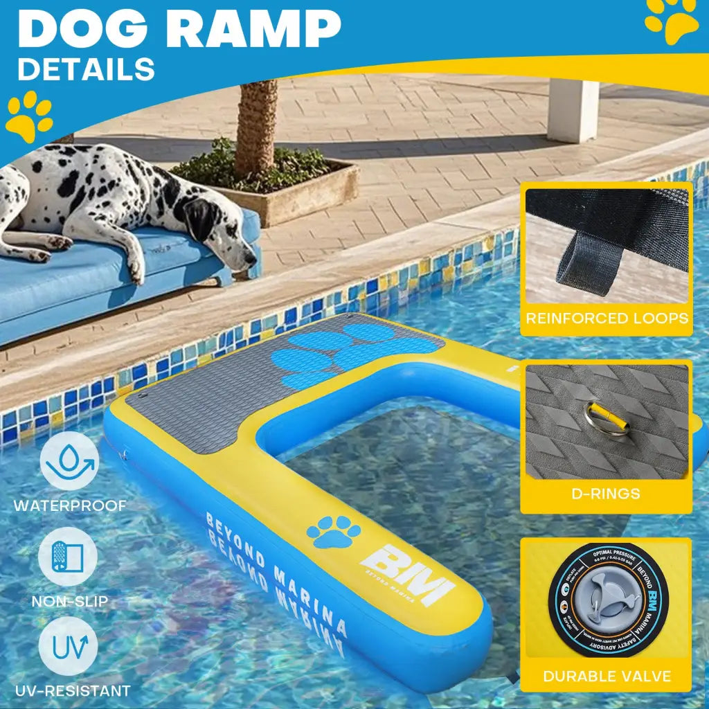 Blue and yellow inflatable dog pool ramp with pup planks floating in a pool