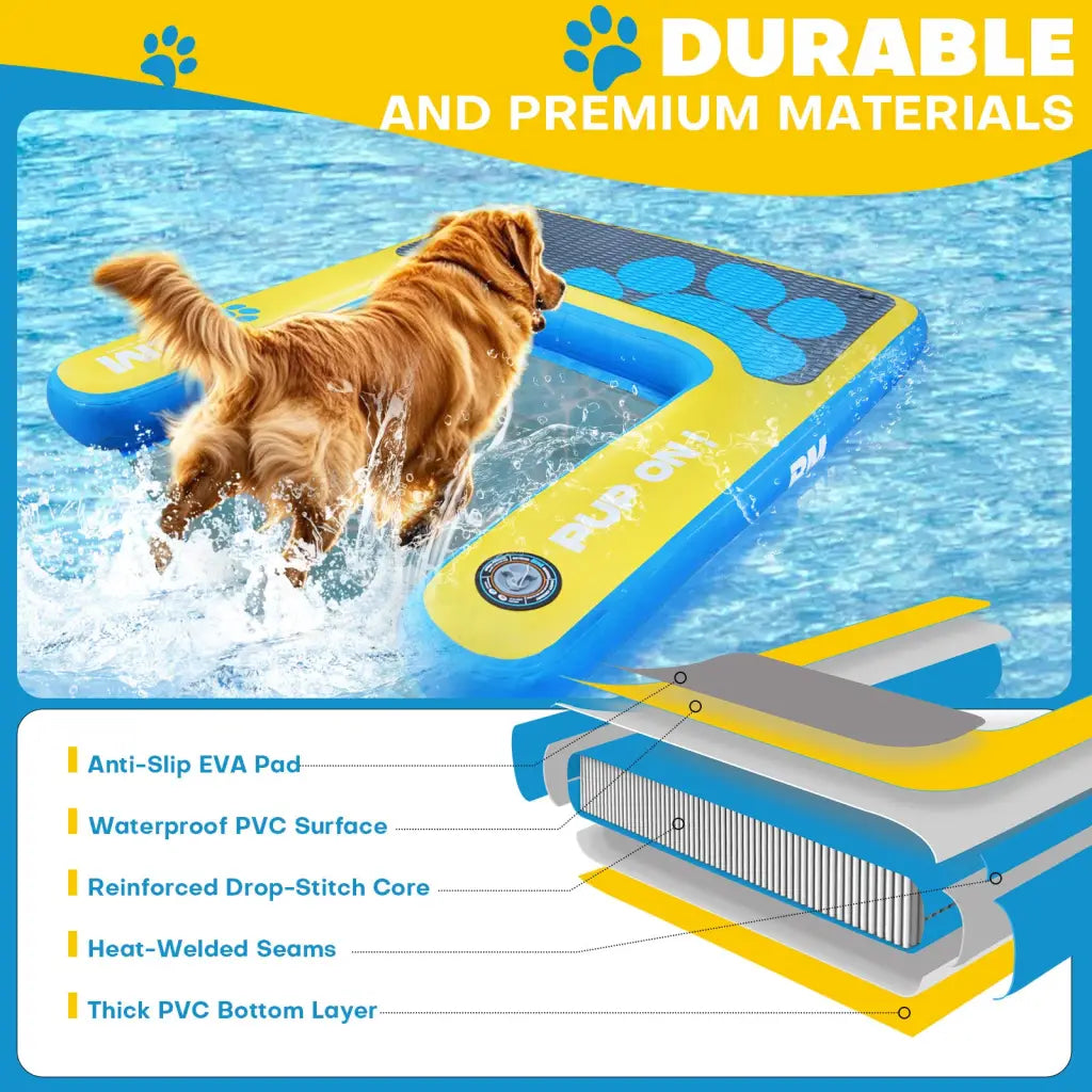 Blue yellow inflatable dog pool ramp with paw print pup platform