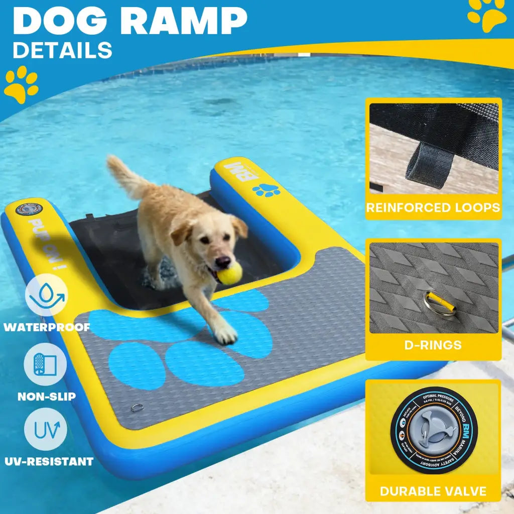 Bright yellow blue inflatable dog pool ramp with black non-slip paw print surface