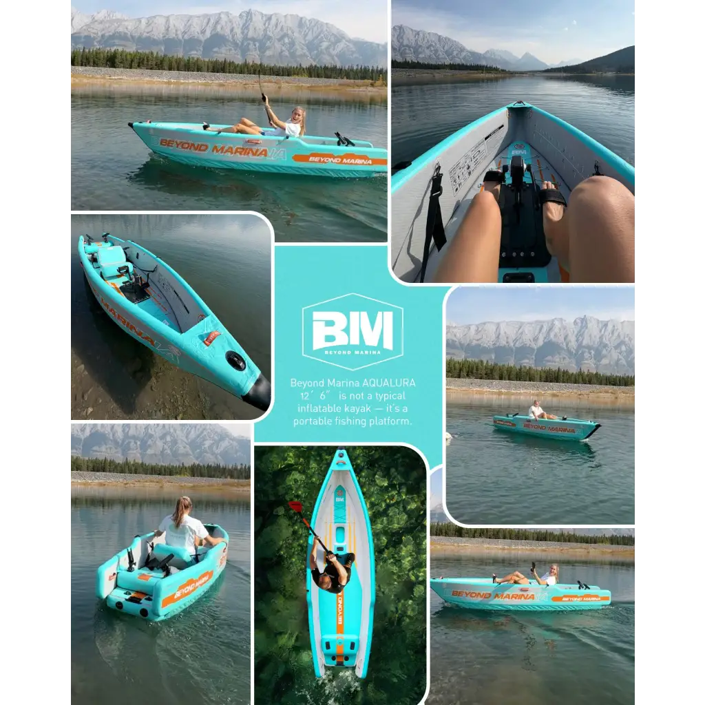 Teal inflatable fishing kayak with orange branding and black seating