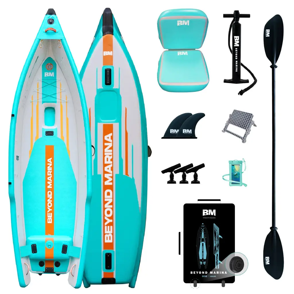 Teal orange inflatable fishing kayak with Beyond Marina branding