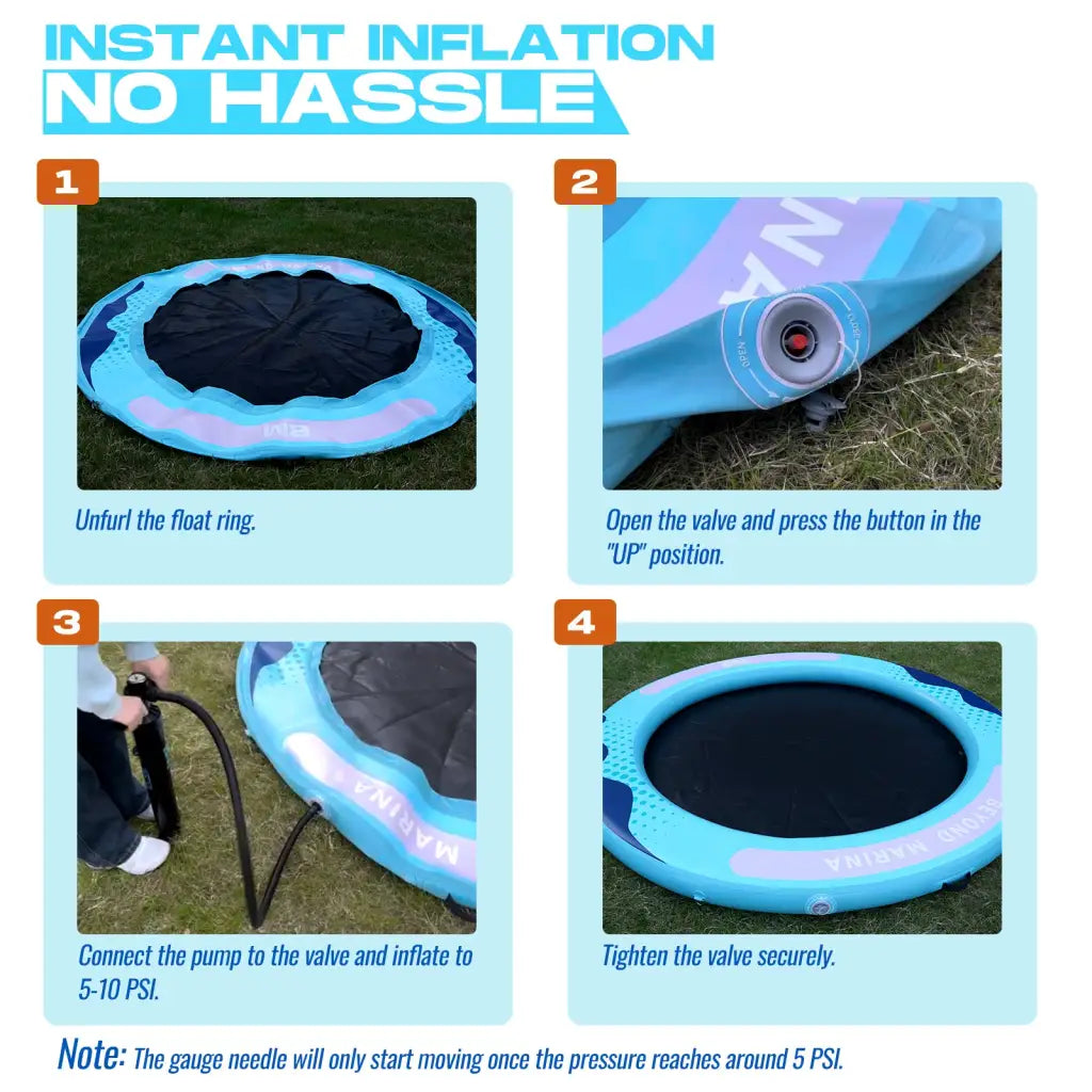 Inflatable floating platform 8x6x6 with repair kit and inflatable float ring instructions