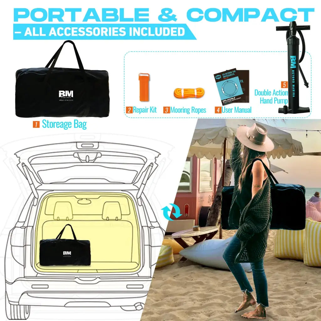 Inflatable floating platform 8x6x6 with paddleboard accessories and repair kit