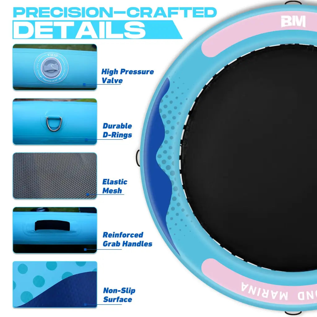 Inflatable floating water trampoline 8x6x6 with durable features and repair kit for up to 6 people