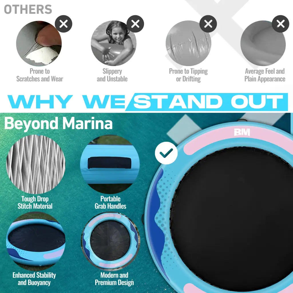 Inflatable floating platform 8x6x6 with repair kit, featuring enhanced stability for up to 6 people