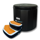 Portable black inflatable ice bath with orange and black anti-slip steps for safe cold plunge