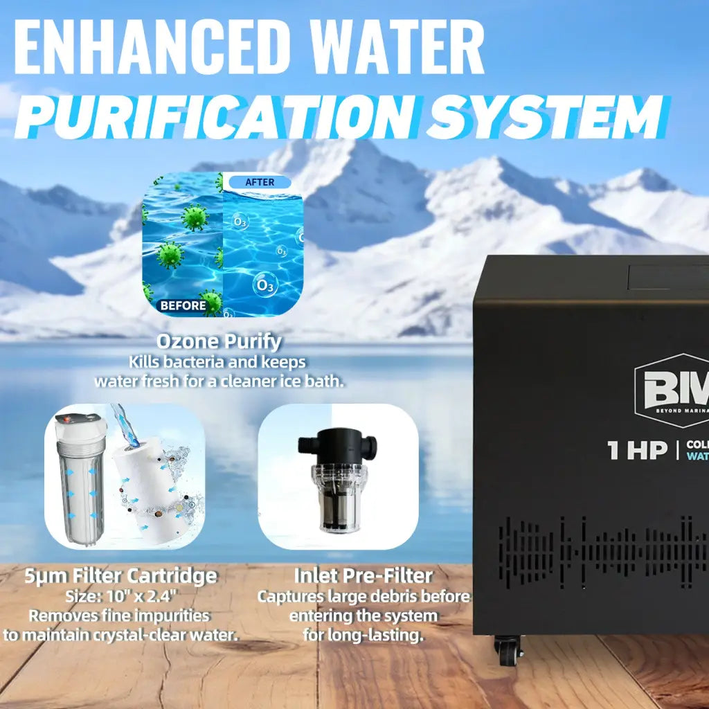 Inflatable ice tub with deep oval design and 1 HP black rectangular chiller