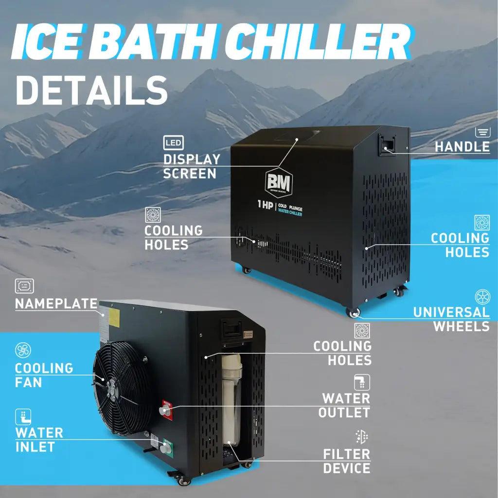 Inflatable ice tub with deep oval design, 1 HP Black BM chiller, quiet operation