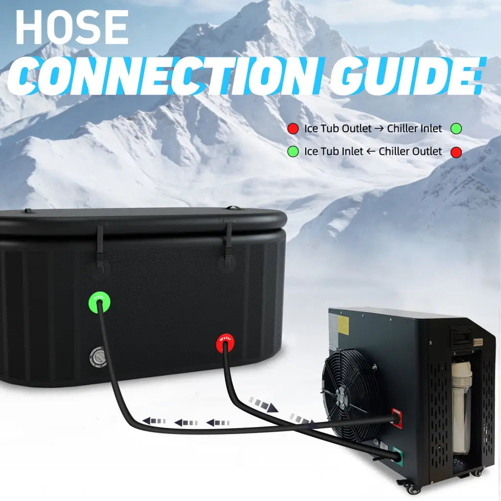 Black inflatable ice tub with deep oval design and quiet 1 HP chiller