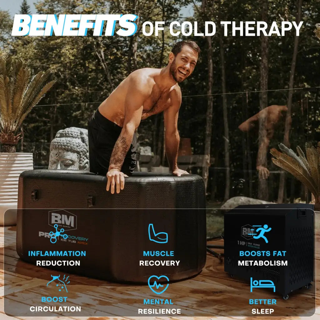 Black Bim Pro inflatable ice tub in deep oval design with blue branding