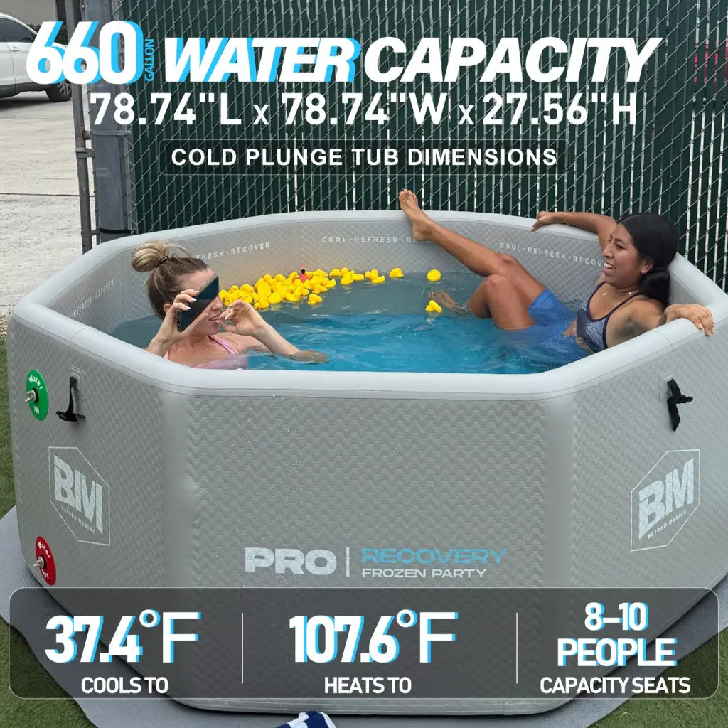 Gray inflatable octagonal ice bath tub with bim branding and remote adjustment
