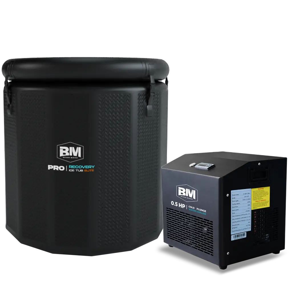 Inflatable oval ice bath tub with Black BM Pro recovery ice cube machine