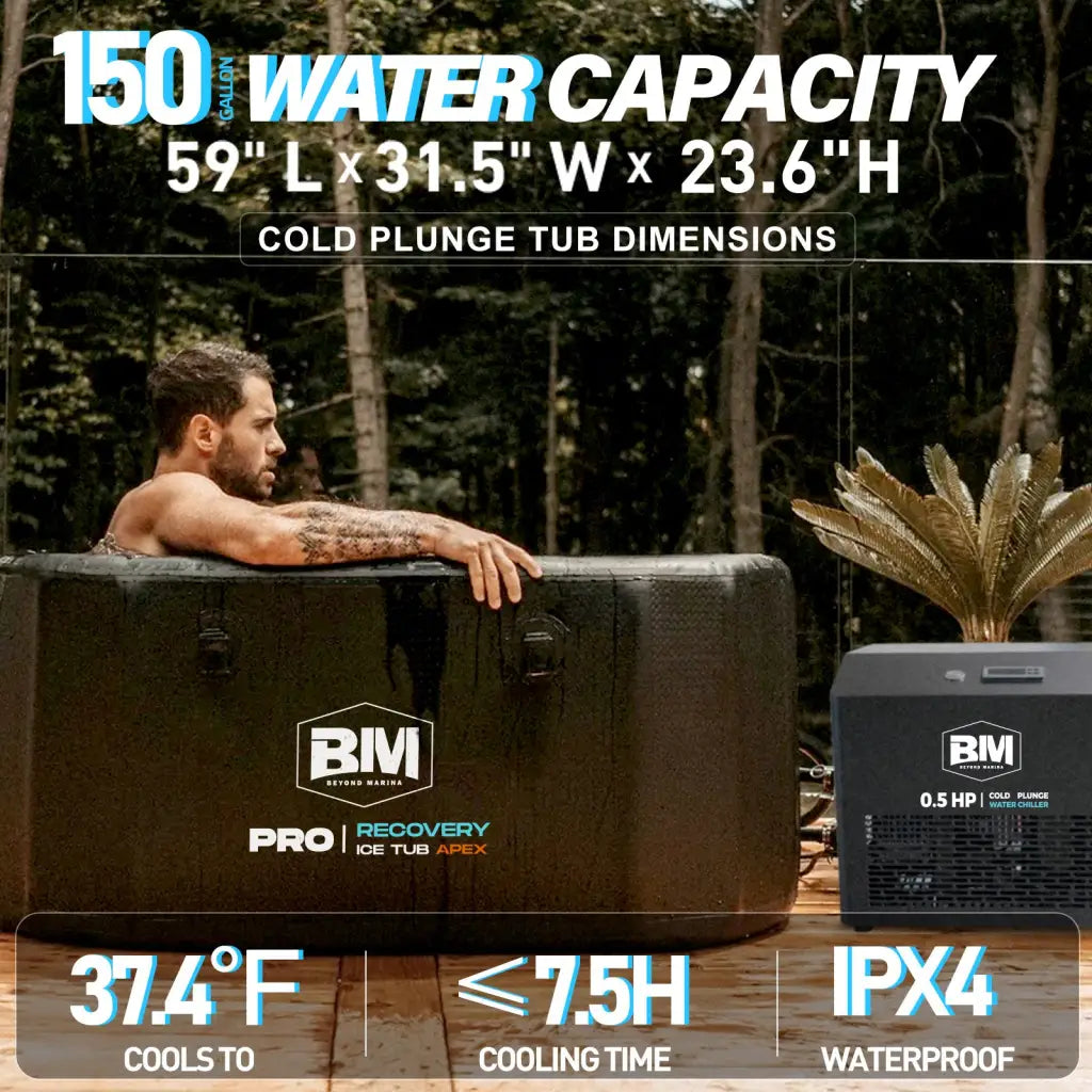 Black inflatable oval ice bath tub with 0.5 HP chiller and bim branding
