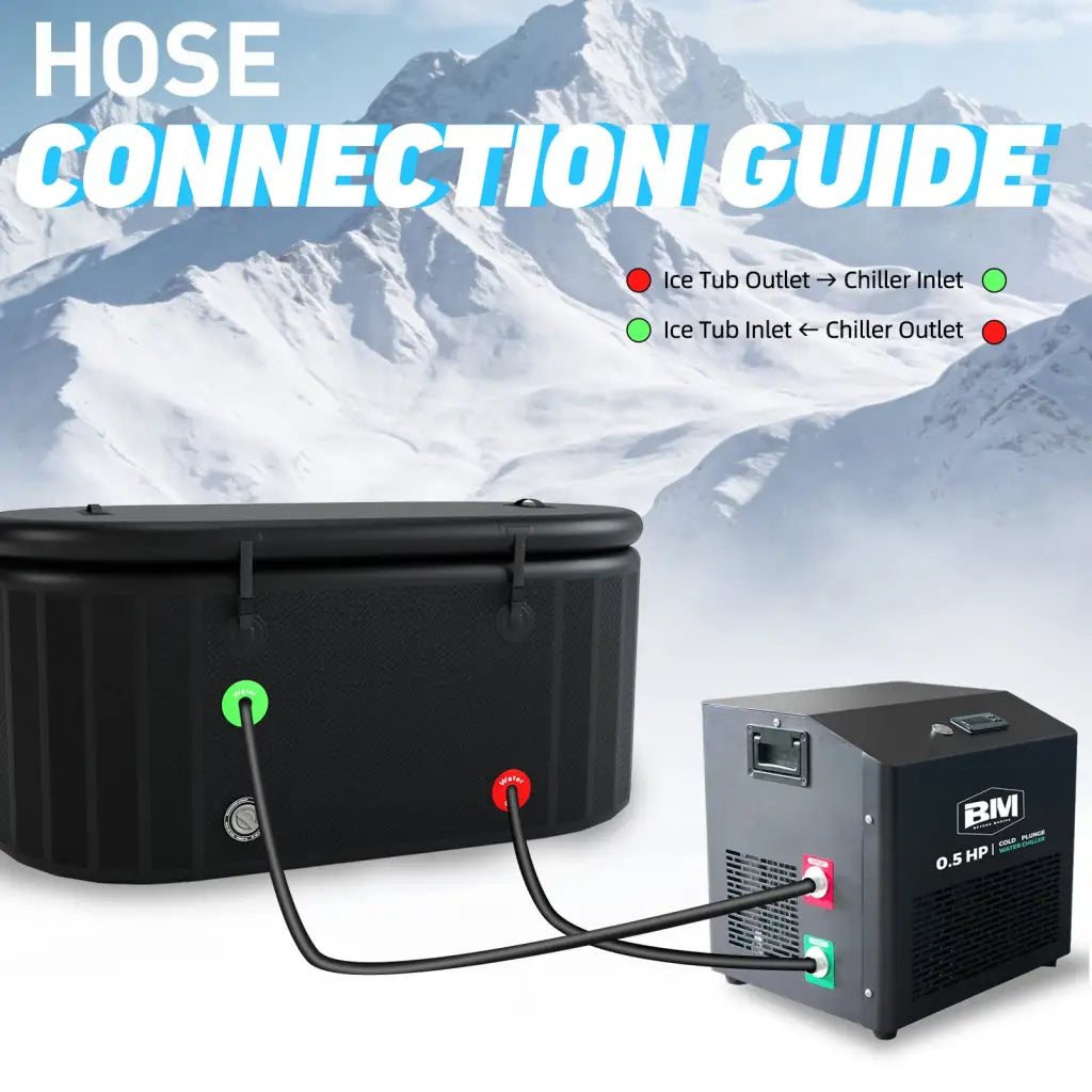 Black inflatable oval ice bath tub with 0.5 HP chiller and hoses